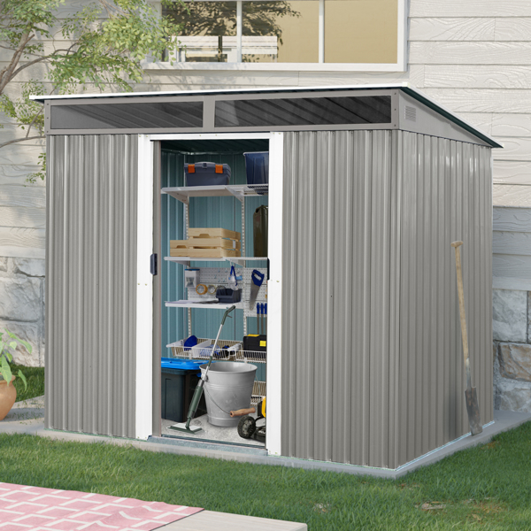 8ft x 6ft Outdoor Metal Storage with Lockable Sliding Doors and Transparent plate for Garden, Lawn (Gray)