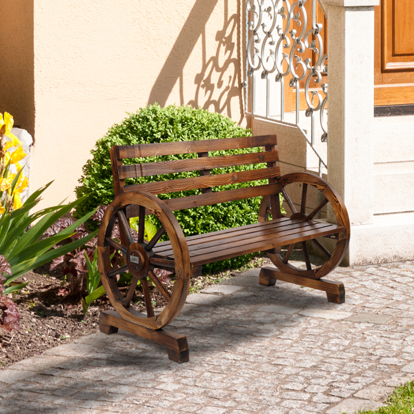 【Replace 28138436】Rustic 2-Person Wooden Wagon Wheel Bench with Slatted Seat and Backrest, Brown