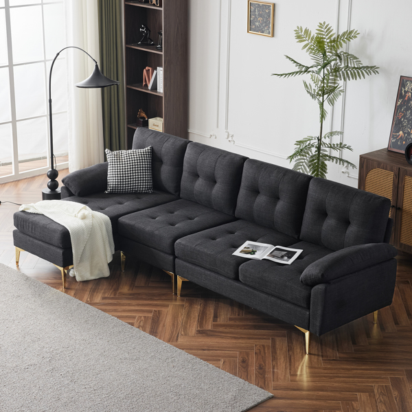 L-Shaped Sectional Sofa Couch for Living Room, Modern 4-Seater Tufted Linen Lounge Sleeper with Chaise, Black