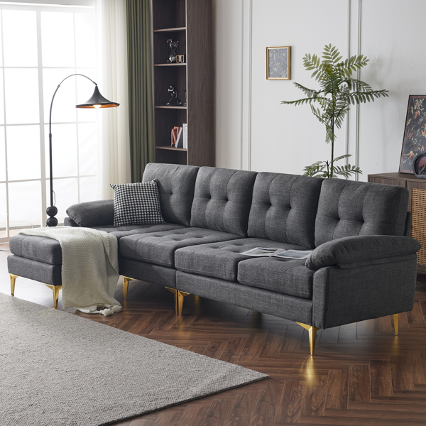 L-Shaped Sectional Sofa Couch for Living Room, Modern 4-Seater Tufted Linen Lounge Sleeper with Chaise, Dark Grey