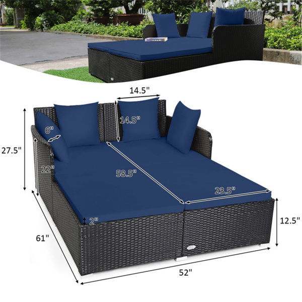 Navy Outdoor Rattan Daybed with Upholstered Cushions