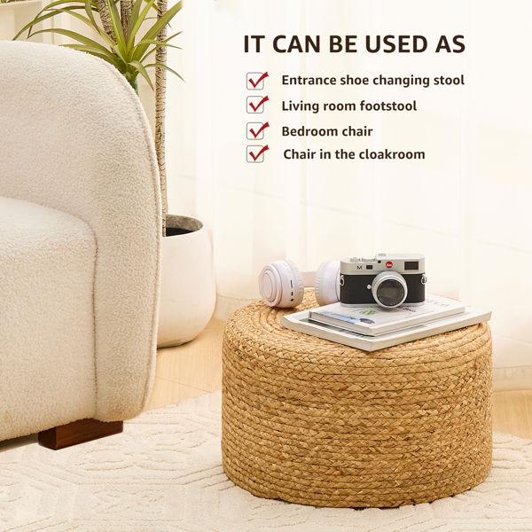 Round Pouf Ottoman, Natural Hand Knitted Footrest Poof, Rustic Lounge Pouffe, Boho Pous Foot Stool, Accent Table or Seat (Natural Water Hyacinth, 17.7 * 17.7 * 9.84)