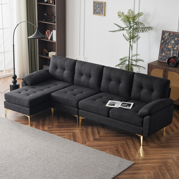 L-Shaped Sectional Sofa Couch for Living Room, Modern 4-Seater Tufted Linen Lounge Sleeper with Chaise, Black