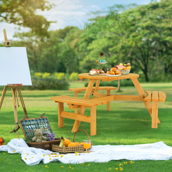 6-Person Outdoor Circular Wooden Picnic Table with 3 Built-In Benches, Outside Table and Bench Set for Porch Backyard Patio Lawn Garden