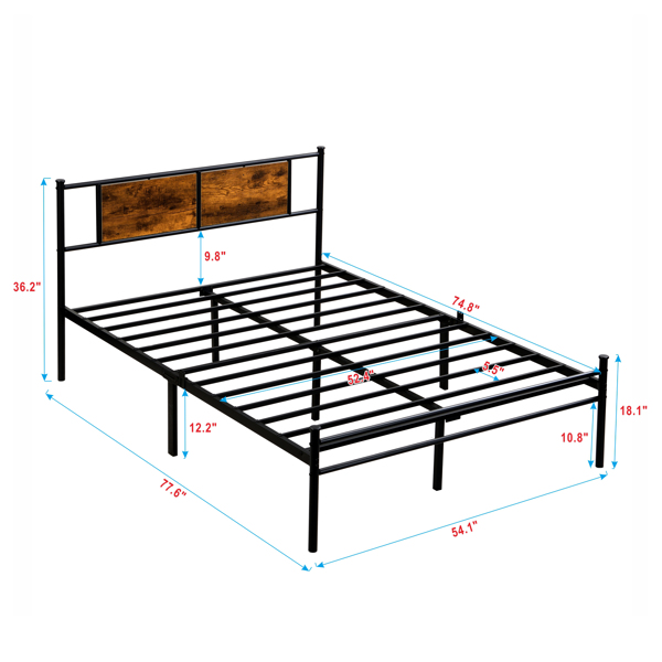 Full Size metal bedframe,Headboard with wood panel decoration,black