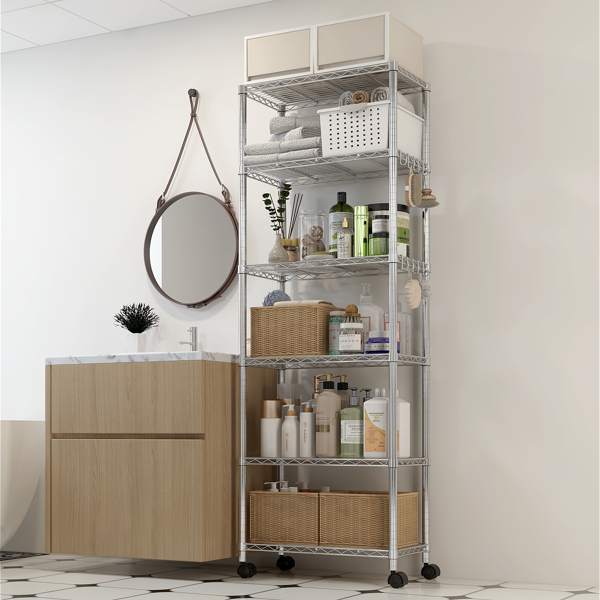 Heavy Duty Storage Shelves  72.83" H   Wire Shelving Unit with Wheels 1020LBS  NSF Metal Shelves for Storage Adjustable Garage Storage Rack Pantry Shelf Commercial Shelving, 72.83" H X 23.6''W X 13.78