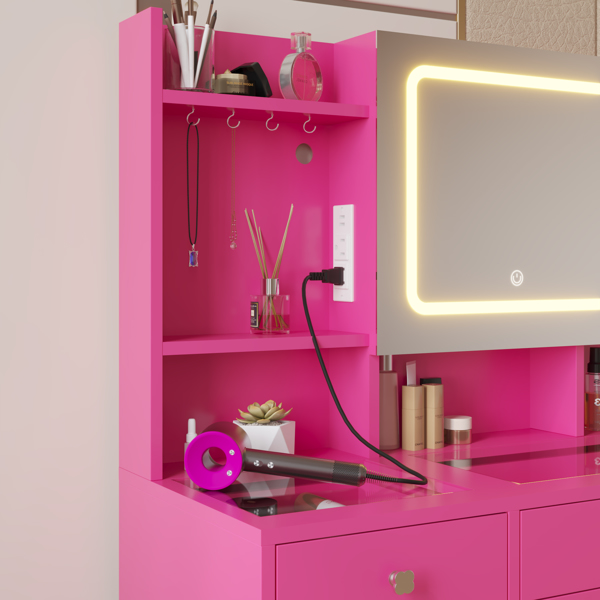 Barbie Pink Textured Particle Board with Melamine Laminate, Tempered Glass Top, Five-Drawer Dressing Table Set with Shelves, Hooks, Power Strip, and LED Three-Color Dimmable Light