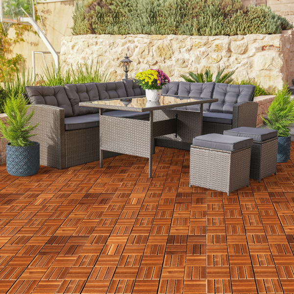 27pcs Wood Interlocking Deck Tiles 11.8"x11.8", Waterproof Flooring Tiles for Indoor and Outdoor, Patio Wood Flooring for Patio Porch Poolside Balcony Backyard