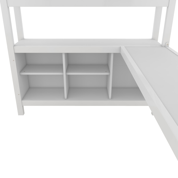 Metal Loft Bed with Wardrobe And L-shaped Desk, Full Size Loft Bed with Storage Cubes and Shelves, Heavy Duty Loft Bed for Kids Teens Adults, White