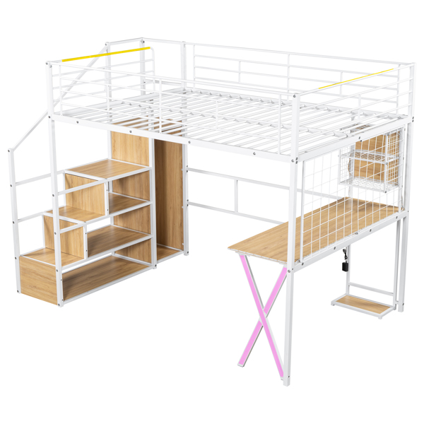 Full Size Metal Loft Bed with Built-in Work Station, Wardrobe, Storage Staircase and LED, White