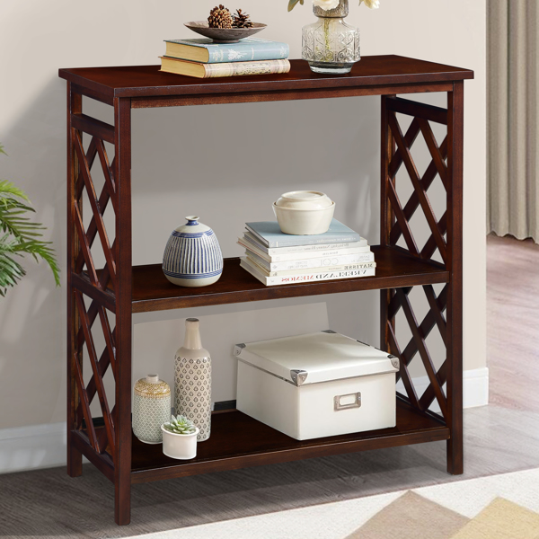 Console Table 3-Tier with Storage Shelves,Open Bookshelf Bookcase with Solid Wood Legs for Hallway, Living Room and Bedroom. Cherry