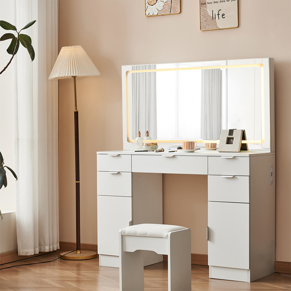 Dressing table set with LED mirror and 3 lighting modes, dressing table with 5 drawers and 2 cabinets, each with metal handles, lighting and chairs, and ample storage space