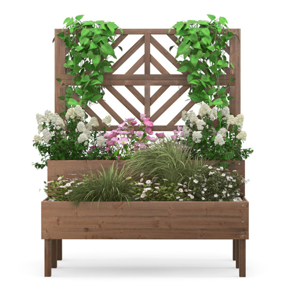 2-Tier Wooden Elevated Planter Box wwith Trellis