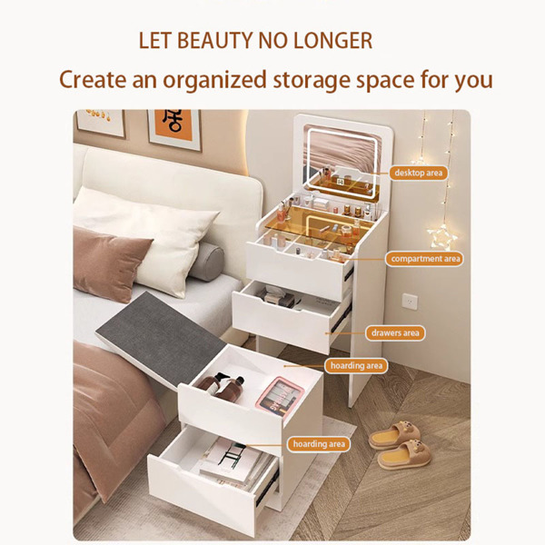 3-in-1 dressing table with flip mirror and light, small dressing table set with visible glass tabletop, 3 drawers, storage bench, 3-color lighting mirror, suitable for small bedroom dressing tables