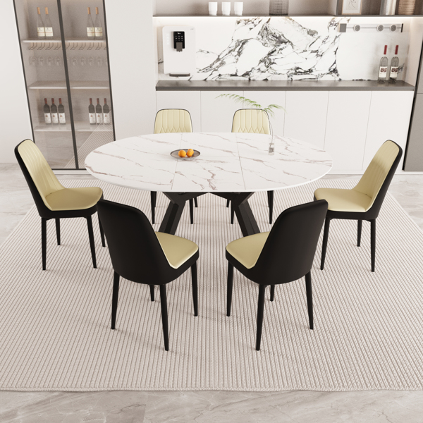 47-63" expandable circular dining tables , equipped with 6 PU fabric thick cushioned dining chairs and an elegant and spacious dining table, kitchen table and chair, with black metal legs 