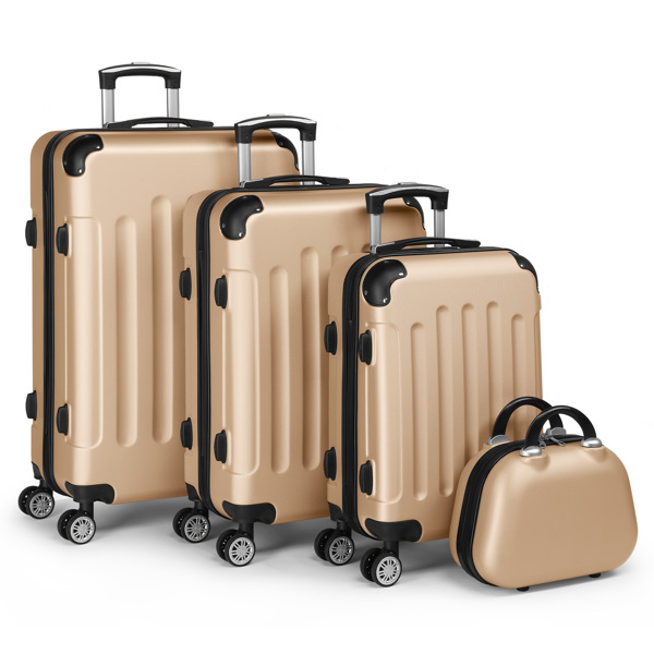 FCH Corner-Protected Four-Piece Set ABS Luggage Including 20in, 24in, 28in Suitcases + 12in Hand-Carry Case - ABS with Steel Telescopic Handle in Fashionable Champagne Gold