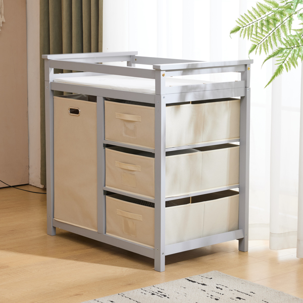 FCH Wooden Frame Removable Top Gray Painted Pine Children's Cot with 3 Fabric Drawers + 1 Fabric Bag