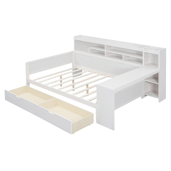 Wooden Full Size Daybed with Storage Shelves, Multi-functional Bed with Two Storage Drawers and  Study Desk, Antique White