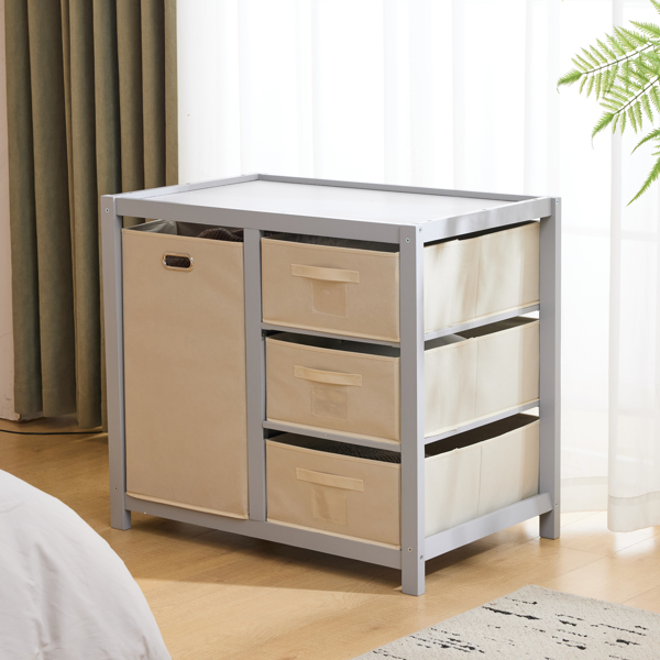 FCH Wooden Frame Removable Top Gray Painted Pine Children's Cot with 3 Fabric Drawers + 1 Fabric Bag