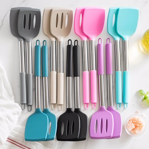 Silicone Solid Turner, Pack of 2 Silicone Spatula Set Turner Spatulas Silicone Heat Resistant Solid Kitchen Utensils Silicone Spatulas for Cooking Fish, Eggs, Pancakes(Pink)