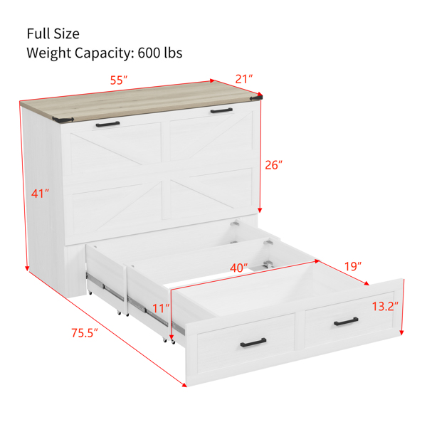 Full Size Farmhouse Murphy Cabinet Bed with Charging Station, Foldable Platform Bed with Large Storage Drawer for Guest-Room, Small Bedroom, White