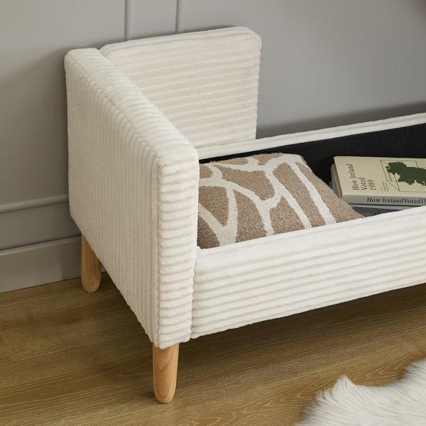 65.35"Wide Corduroy Storage Soft Bench with Armrests, Backrest and Two bolster Pillows for Living Room, Entryway and Bedroom. Ivory