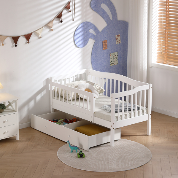 FCH Vertical Fence White Painted Pine Toddler Bed with Bottom Drawer and Side Car Bed