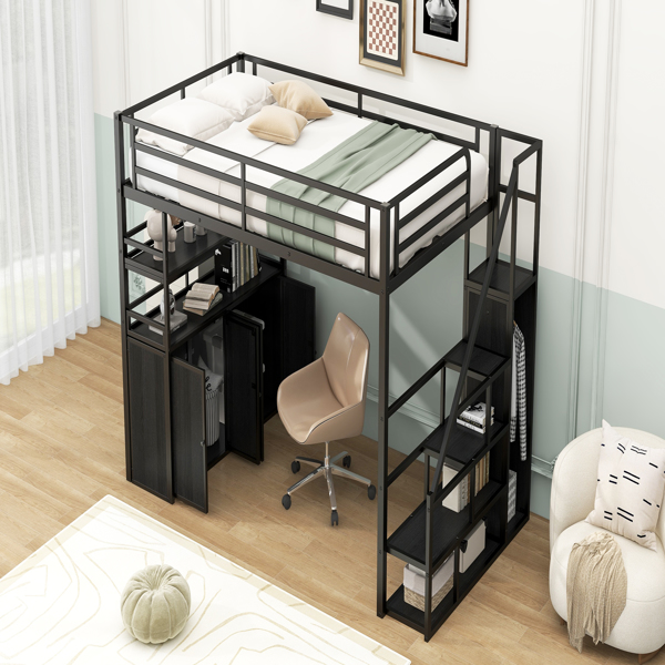 Full Size Metal Loft Bed with Storage Staircase and Wardrobe,Shelves and Lockers,Black