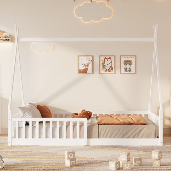 Twin Size Wood House Bed with Fence, White(ETA:2.27)