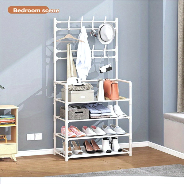 5-Tier Multi-Functional Shoe Rack & Coat Stand – Freestanding Entryway Organizer for Shoes, Boots, Hats & Coats, Fits 10-15 Pairs, Ideal for Bedrooms, Hallways & Dorms