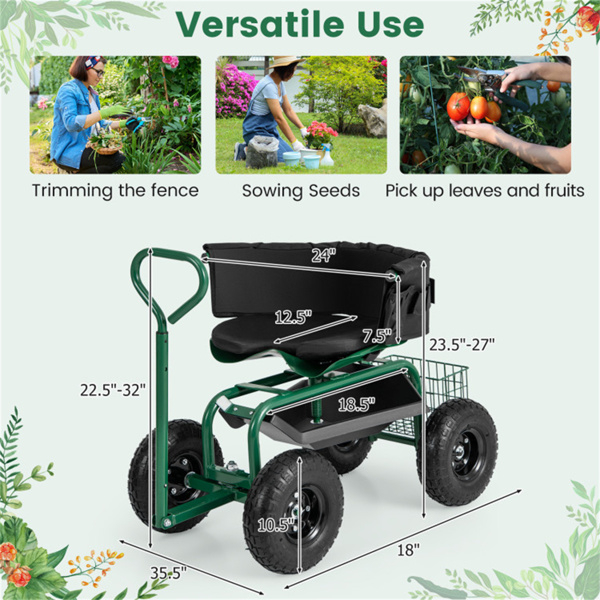 Garden Cart Height Adjustable Scooter with Swivel Seat & Tool Storage Green