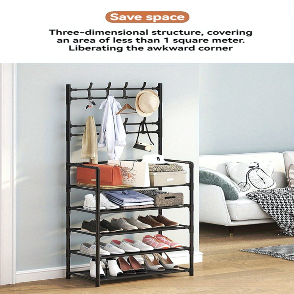 5-Tier Multi-Functional Shoe Rack & Coat Stand – Freestanding Entryway Organizer for Shoes, Boots, Hats & Coats, Fits 10-15 Pairs, Ideal for Bedrooms, Hallways & Dorms