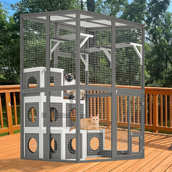 Outdoor Wooden Cat- Large Solid Wood Cat Cage Playpen with 2 Jumping Platforms & 7 Napping Houses, Walk-in Cat Kennel Condo Shelter, Grey