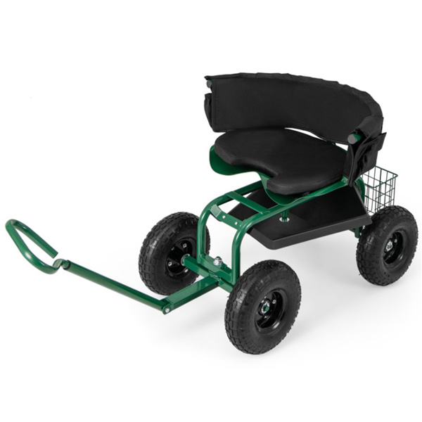 Garden Cart Height Adjustable Scooter with Swivel Seat & Tool Storage Green