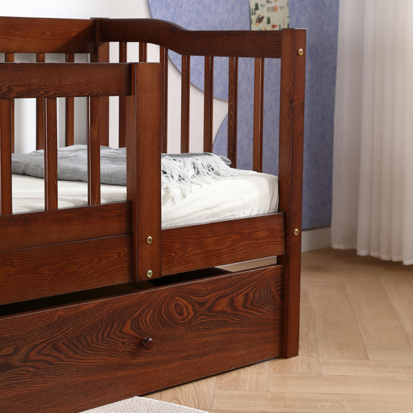 FCH Vertical Fence Brown Painted Pine Toddler Bed with Bottom Drawer and Side Car Bed