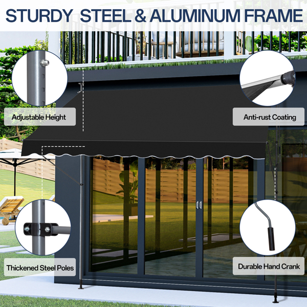 118.1"D x 59.1"W x(78.7 -118.1)"H Retractable Awning Black