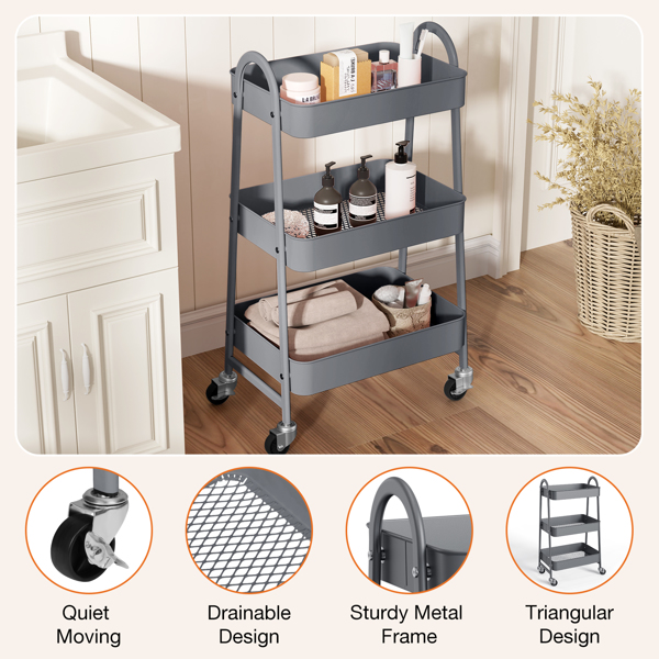 3 Tier Small Rolling Cart, Metal Utility Storage Organizer Kitchen Trolley Bathroom Laundry Room Bar Office Shelves