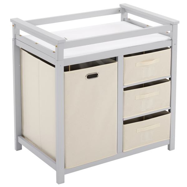 FCH Wooden Frame Removable Top Gray Painted Pine Children's Cot with 3 Fabric Drawers + 1 Fabric Bag