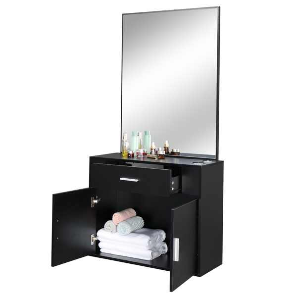 【same code：75512472】15% E0 chipboard linen top 1 drawer 1 door with mirror Salon cabinet black