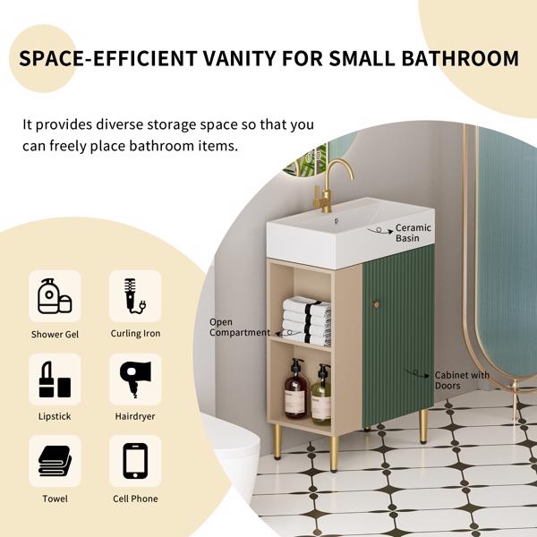 21.6" Open-shelving Bathroom Vanity with Ceramic Sink and Soft-Closing Door, Cloakroom Open Shelf Storage Cabinet on the Left Side, Assembly Required, Green 24VB06-21LVL