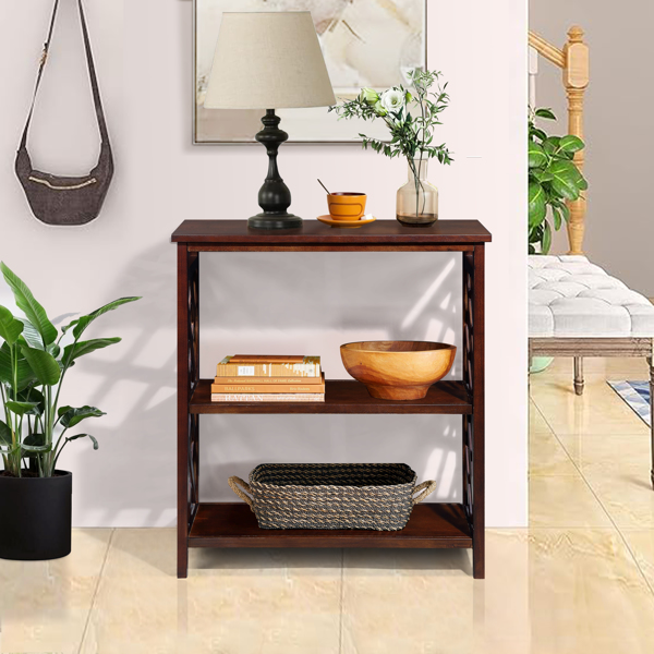 Console Table 3-Tier with Storage Shelves,Open Bookshelf Bookcase with Solid Wood Legs for Hallway, Living Room and Bedroom. Cherry