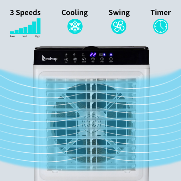 ZOKOP-3 in 1 Portable Evaporative Cooler,Indoor,Outdoor,2353CFM Personal Air Cooler with remote ,7.93 Gal Large Water Tank & Scroll Casters, 4 Ice Packs,White