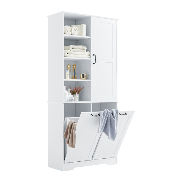 Bathroom Storage Cabinet with Doors and Drawers, Tilt-Out Laundry Hamper, Multiple Storage Space, Freestanding Style, Open Shelve, Adjustable Shelf, White