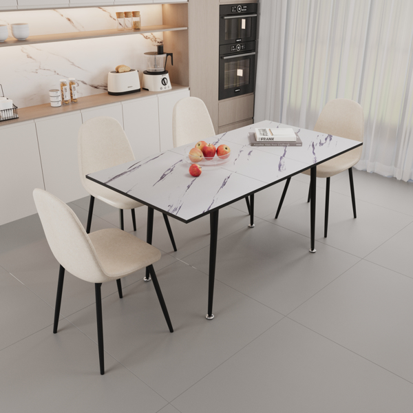 47"-63" extendable MDF modern dining table and chair set, suitable for 2-6 people, white dining table and modern beige round dining chair 4-piece set, metal base and linen chair 