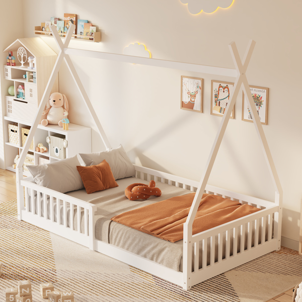 Twin Size Wood House Bed with Fence, White(ETA:2.27)