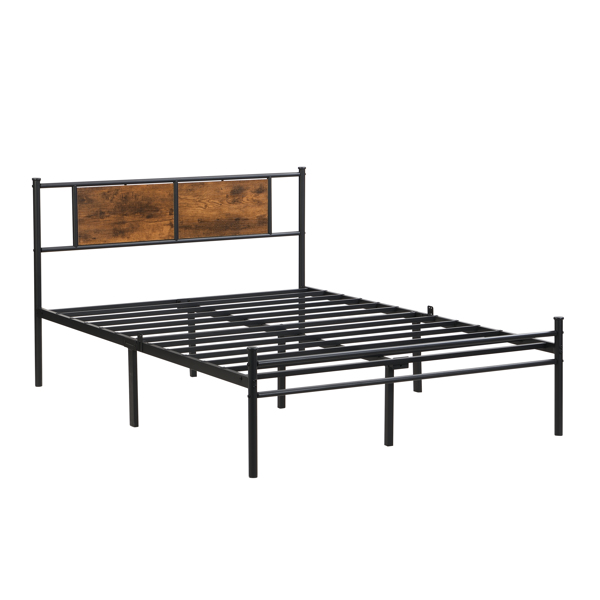 Full Size metal bedframe,Headboard with wood panel decoration,black