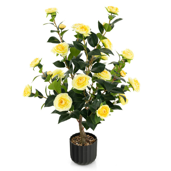 2 PCS 38 Inch Artificial Camellia Tree Faux Flower Plant in Cement Yellow