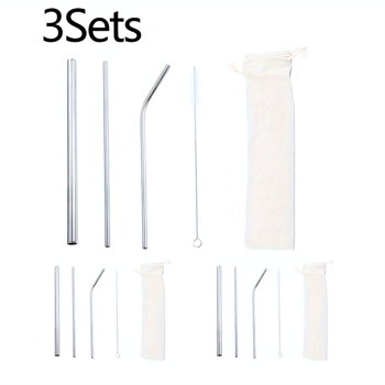 Natural Color 3 Sets (9pcs) Of Reusable Straws With Cleaning Brush And Storage Bag, Colorful Bent Straws And Straight Straws, Perfect For Parties, Restaurants, Home, Halloween, Christmas.