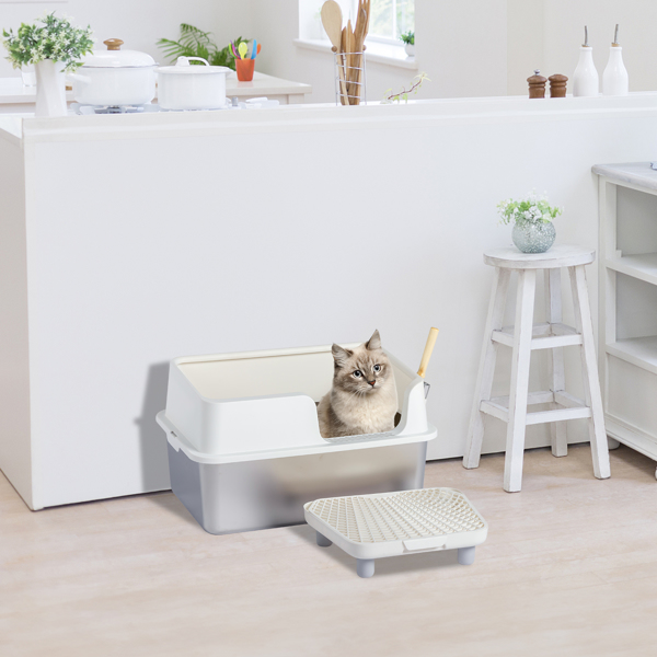 Stainless Steel Cat Litter Box with Lid, Extra Large Litter Pan with High Sides for Big Cats, Kitty Litter Box with Pedal Filter and Scoop, No Odor, Non-Sticky, Anti-Leakage, Easy Cleaning, White