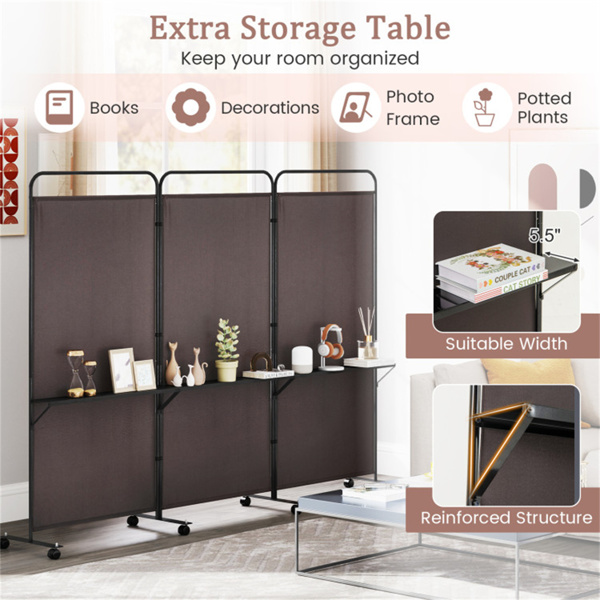 3-Panel Folding Divider with Lockable Wheels and 3 Metal Shelves Brown